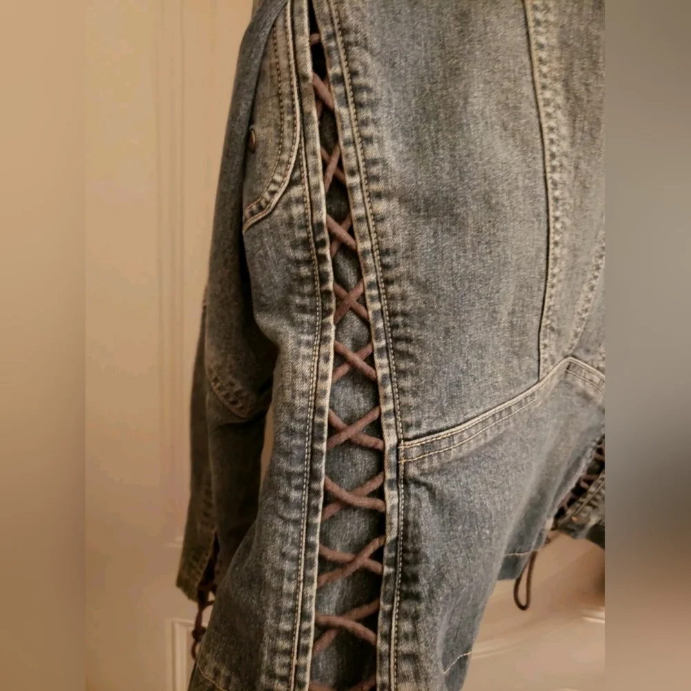 Elie Tahari Corset Lace Up Red Piped Denim Jacket Size Large - Picture 7 of 13